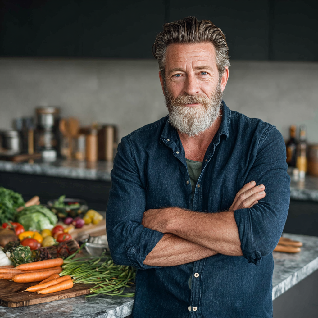 Confident man in his early 50s with salt-and-pepper beard, wearing a navy blue casual shirt, preparing healthy meal in modern kitchen with fresh ingredients on marble countertop