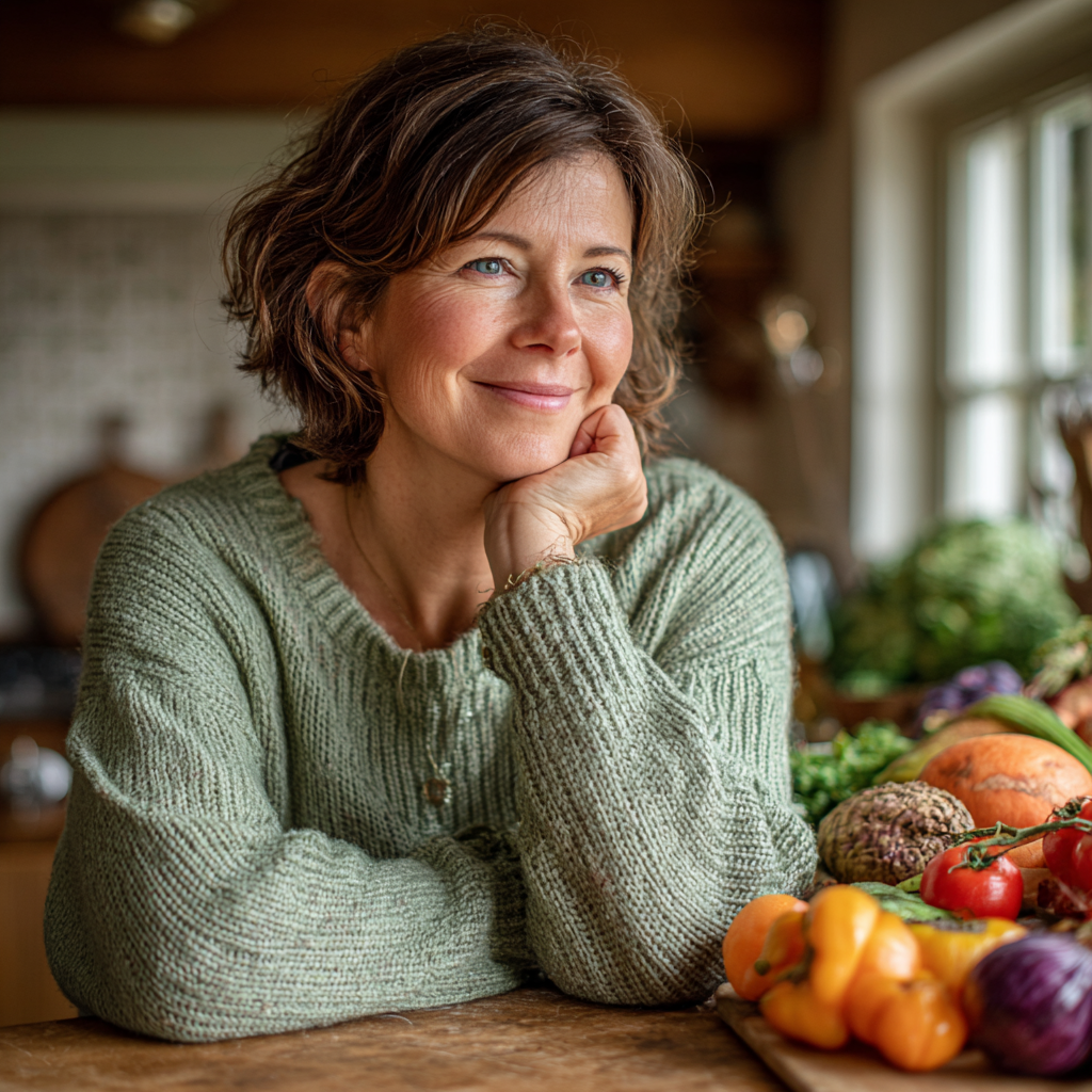 Smiling middle-aged woman in her late 40s with short brown hair, wearing a light green sweater, sitting at a wooden kitchen table with fresh vegetables and fruits, natural lighting from window